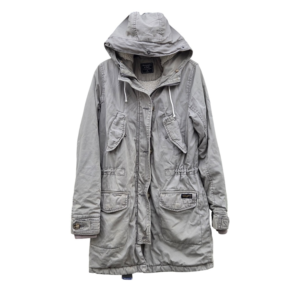 Abercrombie & Fitch Y2K Womens XS Gray Sherpa Lined Military Parka Jacket Hooded
